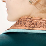 LC-ADBZ704 Emerald Green Western Blazer with Tan Tooled Leather Lapel - Cowgirl Boutique Jacket
