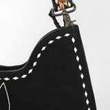 ADBG1720 Suede Hobo Bag with Hand Tooled Leather Strap & White Stitch Detailing