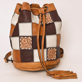 ADBG1324 Western Patchwork Leather & Cowhide Drawstring Backpack with Tooled Accent