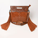 ADBG1584 Suede & Tooled Leather Western Fringe Bag - Embroidered Crossbody with Cutout Handle