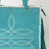 ADBG1590 Suede Western Tote Bag - White Embroidered Whipstitch Purse with Crossbody Strap