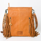 ADBG256 Tooled Leather & Cowhide Fringe Messenger Bag Western Boho Crossbody by American Darling