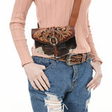 ADBGA572 Tooled Leather & Cowhide Belt Bag Western Waist Bag with Buckle Detail