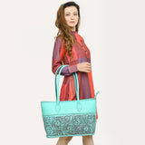 ADBGZ756 Tall Hand Tooled Leather Tote Bag - Western Floral Half-Tooled Cowgirl Purse