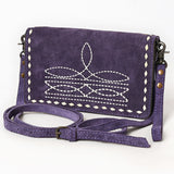 ADBG1717 Suede Leather Wallet Bag with White Western Stitch Embroidery