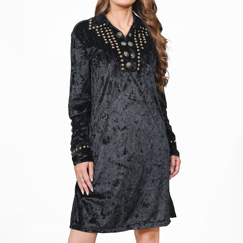 ADDR013 American Darling Black Velvet Fabric Dress Studded Concho Western Tunic Top