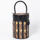 ADBGA783 Black Cylindrical Tooled Leather Case – Floral Carved Western Vanity with Handle