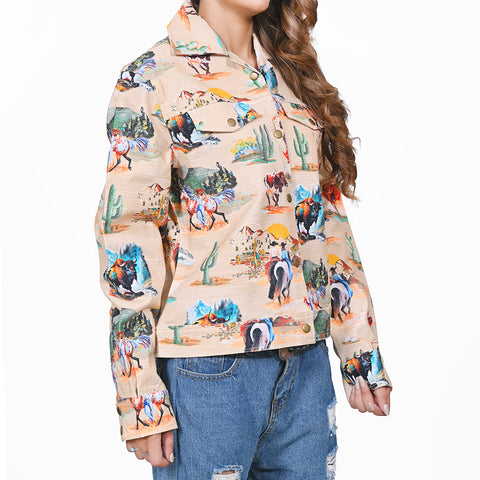 ADSH098 American Darling Cotton Lycra Western Bison Print Shirt Jacket