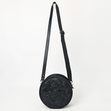 ADBG1461A Round Black Hand-Tooled Leather Crossbody Bag - Western Floral Pattern