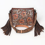 ADBG323 Hand-Tooled Leather Crossbody Bag with Floral Daisies & Fringe Strap | American Darling