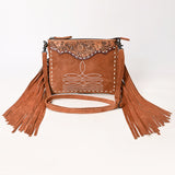 ADBG1648 Brown Suede Fringe Crossbody Bag with Tooled Leather Yoke & White Embroidery