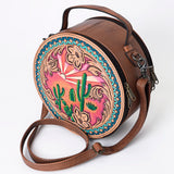LC-ADBG1192 Round Western Leather Crossbody Bag - Painted Desert Sunrise & Cactus Tooled Scene