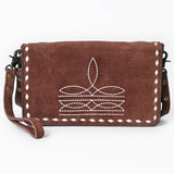 ADBG1717 Suede Leather Wallet Bag with White Western Stitch Embroidery