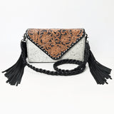 ADBG1582 Cowhide & Tooled Leather Envelope Clutch - Western Crossbody with Braided Strap & Fringe