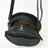 ADBG1461A Round Black Hand-Tooled Leather Crossbody Bag - Western Floral Pattern