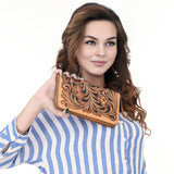 ADBGA629 Hand-Tooled Leather Wallet with Floral Scrollwork & Zip Closure