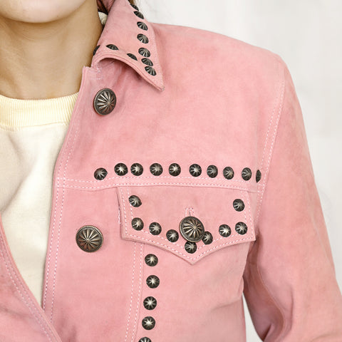 ADJKT042 Women's Cropped Pink Genuine suede Western Jacket with Studded Accents