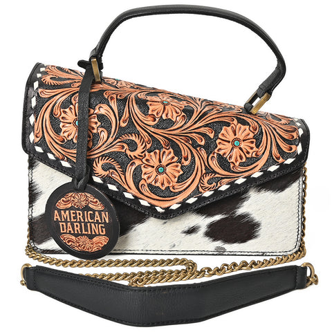 ADBGA957 American Darling Hand Tooled Floral Leather Messenger Bag with Hair-On Cowhide