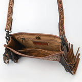 ADBG324 Hand-Tooled Leather Messenger Bag with Floral Carving and Fringe Strap