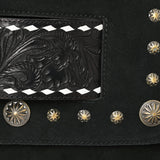 ADBGA906 Black Suede Crossbody Bag – Tooled Leather Inlay with Fringe & Concho Studs