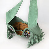 ADBGA782 Green Fringe Suede Shoulder Bag - Boho Tribal Embroidered Western Purse