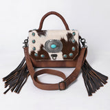 ADBG983 Hair-On Cowhide & Croc Embossed Leather Crossbody Purse with Turquoise Conchos Western Fringe Bag