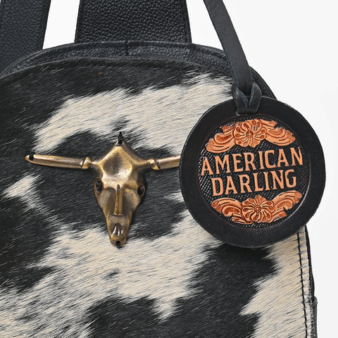 ADBGA1422 Genuine Leather Hair On Hide Longhorn Skull Western Sling Backpack Bag