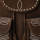 ADBG1640 Brown Suede Embroidered Backpack with Dual Front Pockets and Tassel Drawstring