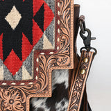 ADBG1786 Southwestern Tooled Leather & Cowhide Crossbody Bag with Fringe and Wool Flap