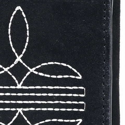 ADBGZ920A Black Genuine suede Leather Trifold Wallet with White Embroidered Stitch Detail