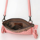 ADBG1683A Pink Quilted Leather Fringe Crossbody Bag with Tooled Floral Top - American Darling