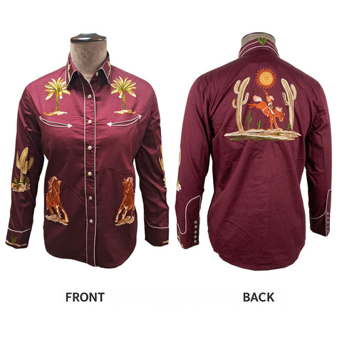 ADSH052 American Darling Maroon Western Apparel - Embroidered Cotton Satin Horse Motif Shirt