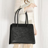 ADBGZ782A Structured Black Leather Tote Handbag - Hand-Tooled Floral Western Panel