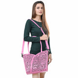 ADBG1473C Pink Hand-Tooled Leather Tote Bag - Western Floral Dual Strap by American Darling
