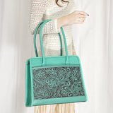 ADBGZ782 Structured Turquoise Leather Tote Handbag - Hand-Tooled Floral Western Panel