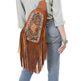 ADBG1568A Hand-Tooled Leather Fringe Sling Bag - Western Floral & Inlay