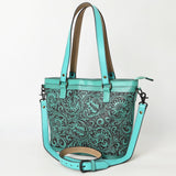 ADBGZ783 Hand-Tooled Turquoise Leather Tote Bag - Western Floral Design with Detachable Strap