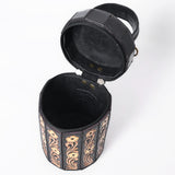 ADBGA783 Black Cylindrical Tooled Leather Case – Floral Carved Western Vanity with Handle