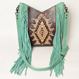 ADBG1199 Mint Fringe Leather Crossbody Bag - Tooled Aztec Design with Gemstone Accents