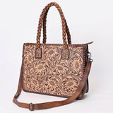 ADBG1173 Floral Hand-Tooled Leather Tote Bag - Braided Handles & Adjustable Strap