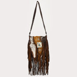 ADBGM477 Cowhide & Leather Western Fringe Crossbody Bag - Western Concho Bag with Turquoise Accent