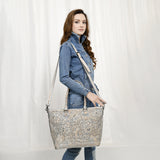 ADBG1246 Hand-Tooled Metallic Silver Leather Tote Bag - Western Floral Design with Dual Handles