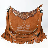 ADBG1663 Crescent Tan Suede Crossbody Bag with Fringe and Tooled Leather Yoke