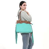 ADBG1502 Turquoise Leather Western Tote - Tooled Floral Yoke, Fringe & Crossbody Strap