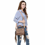 ADBG1583 Hand-Tooled Leather Briefcase Bag - Western Clutch Purse with Fringe & Adjustable Strap