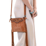 ADBG1648 Brown Suede Fringe Crossbody Bag with Tooled Leather Yoke & White Embroidery