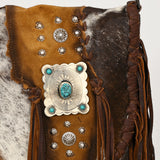ADBGM477 Cowhide & Leather Western Fringe Crossbody Bag - Western Concho Bag with Turquoise Accent