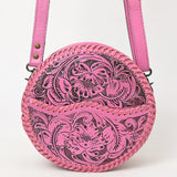 ADBG1461C Round Pink Hand-Tooled Leather Crossbody Bag - Bold Western Floral Design