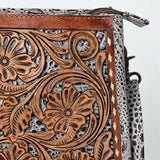 ADBG1566 Hand-Tooled Floral Leather Crossbody - Western Saddle Tan & White Croc Accent