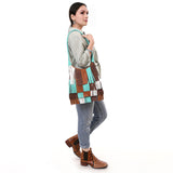 ADBG1594 Western Fringe Leather Hobo Bag - Turquoise, Brown & White Patch Fringe Purse